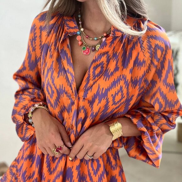 NWT Orange and Purple Print Eleanor Ruffle Mini Dress, S - Picture 8 of 8